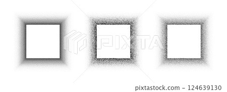 Black stippled square frame set. Dotted gradient border collection. Rectangle picture holders for banner template, copy space, collage, emblem, poster, box. Vector frame element bundle 124639130