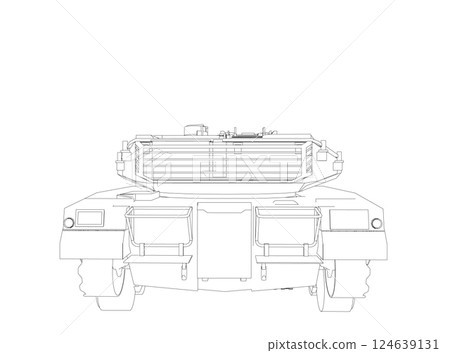 Isolated vector image for military concepts. Military tank. Military equipment. Blueprint of realistic tank. Detailed armored car. Industrial drawing. War vehicle in outline style. Vector illustration 124639131