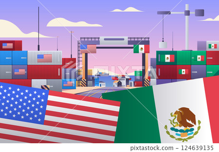 Trade war concept USA Mexico shipping containers flags port scene vibrant colors international trade tensions 124639135