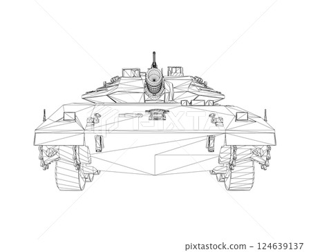 Isolated vector image for military concepts. Military tank. Military equipment. Blueprint of realistic tank. Industrial drawing. War vehicle in wireframe style. Vector illustration. 3D. 124639137