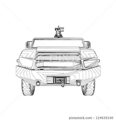 Army truck transportation for operation war vector design illustration. Truck in desert. Light armored car. Outline military SUV. Off-road vehicle. Vector image for prints, poster and illustrations. Army truck transportation for operation war vector design illustration. Truck in desert. Light armored car. Outline military SUV. Off-road vehicle. Vector image for prints, poster and illustrations. 124639140