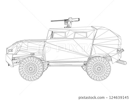 Army truck transportation for operation war vector design illustration. Truck in desert. 3D armored car. Wireframe military SUV. Off-road vehicle. Vector image for prints, poster and illustrations. 124639145
