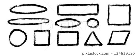 Black charcoal geometric frame set. Rectangle, triangle and circle paintbrush border collection. Rough sketched elements for diagram, highlight, underline, emphasis. Vector scribbled crayon form pack Black charcoal geometric frame set. Rectangle, triangle and circle paintbrush border collection. Rough sketched elements for diagram, highlight, underline, emphasis. Vector scribbled crayon form pack 124639150