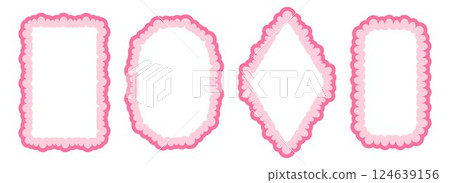 Cute frill pattern frame set. Pink scalloped ellipse and rectangle border collection. Wavy lace edge shape in rococo style for decoration, poster, banner. Wiggly coquette element pack. Vector 124639156