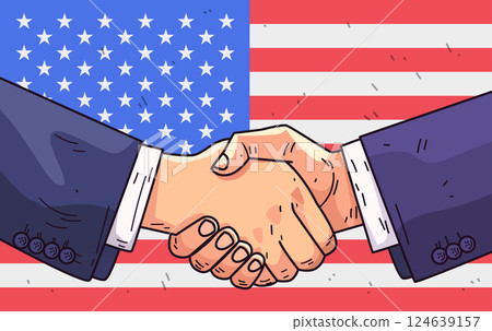 Handshake agreement diplomacy concept two hands shaking against American flag background business negotiation partnership 124639157