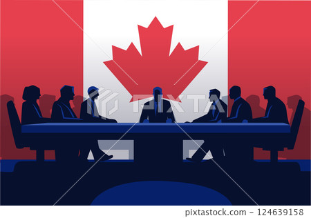 Canadian trade negotiation silhouettes meeting concept. Silhouetted figures around a conference table with a large Canadian flag backdrop. Business meeting theme 124639158