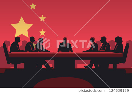 Trade war negotiation silhouettes at table. Businesspeople seated against red background with large stars symbolizing conflict. Dark shadows prominent 124639159