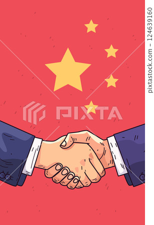 Handshake with China flag background symbolizes trade agreement business partnership diplomacy red backdrop suits 124639160