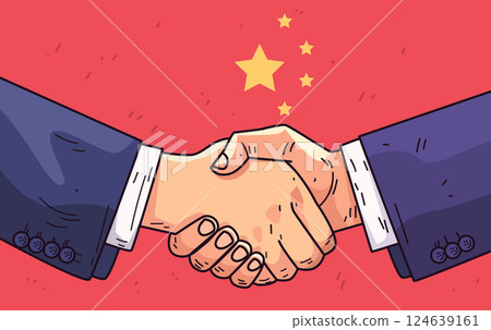 Handshake trade agreement concept two hands shaking against a red background with stars representing international cooperation business deal 124639161