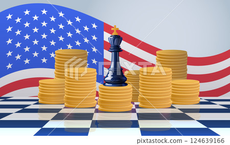 Trade war concept chess piece coins USA flag background gold stacks strategic economic theme 124639166