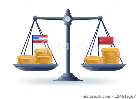 Trade war balance scales economic concept coins on scales with USA and China flags symbolizing tariffs and trade conflict economic illustration 124639167