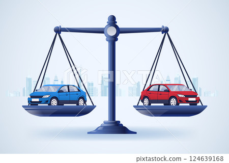 Cars on balance scale trade war concept. Blue and red cars on scales symbolize international trade conflict. Cityscape background 124639168