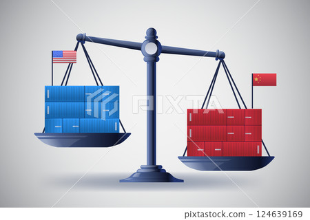 Scales with shipping containers trade balance concept. Blue and red containers represent economic trade between countries with flags 124639169