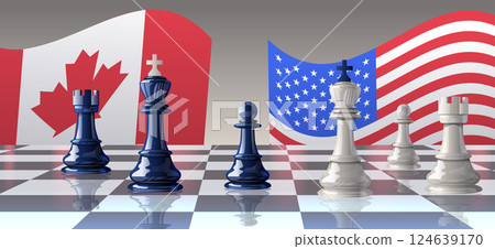 Chess pieces trade war concept Canada USA flags depicted on chessboard with blue and white pieces symbolizing strategic conflict international relations 124639170