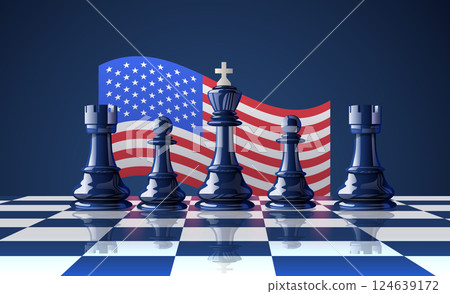 Chess pieces trade war concept illustration. Chess pieces on a board with a waving American flag background symbolizing strategic conflict. Suitable for banners and templates Chess pieces trade war concept illustration. Chess pieces on a board with a waving American flag background symbolizing strategic conflict. Suitable for banners and templates 124639172