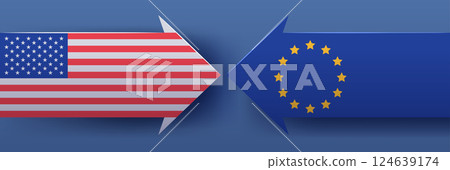 US and EU trade conflict concept with opposing arrows featuring American and European flags on blue gradient background US and EU trade conflict concept with opposing arrows featuring American and European flags on blue gradient background 124639174