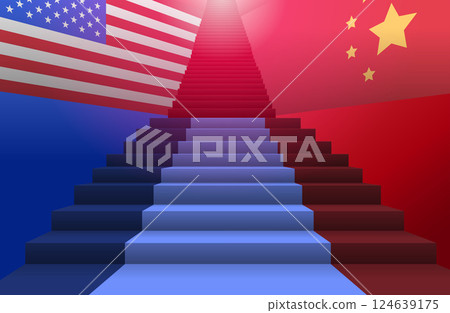 Trade war concept illustration depicts a staircase leading upwards with American and Chinese flags on either side symbolizing economic rivalry and tension 124639175