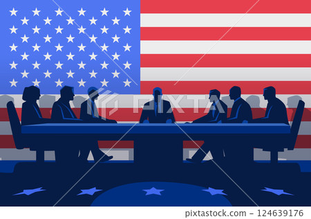 Trade negotiation meeting silhouettes against American flag background depicting business diplomacy and international relations in blue and red tones Trade negotiation meeting silhouettes against American flag background depicting business diplomacy and international relations in blue and red tones 124639176