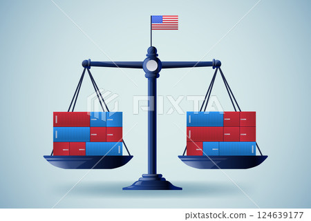 Scales with shipping containers balance trade concept with American flag blue background economic theme 124639177