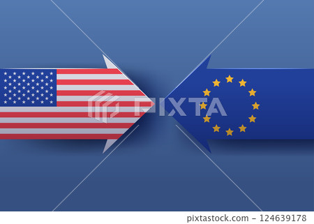 US EU trade conflict concept arrows facing each other with American and European flags on blue background economic tension theme 124639178