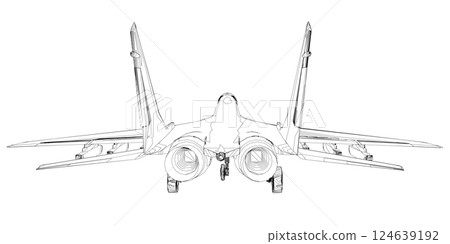 Military fighter jet outline. Vector art illustration of contour airplane. Modern war aircraft. Supersonic speed. 3D 124639192