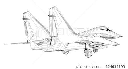 Military fighter jet outline. Vector art illustration of contour airplane. Modern war aircraft. Supersonic speed. 3D 124639193