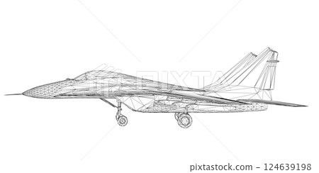 Military fighter jet wireframe. Vector art illustration of wireframe airplane. Modern war aircraft. Supersonic speed. 3D. 124639198