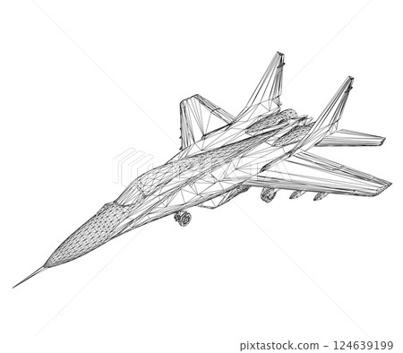 Military fighter jet wireframe. Vector art illustration of wireframe airplane. Modern war aircraft. Supersonic speed. 3D. 124639199