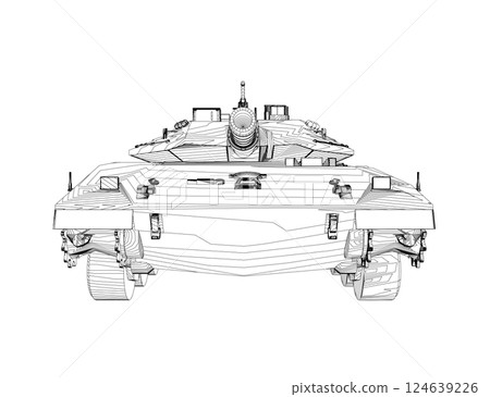 Isolated vector image for military concepts. Military tank. Military equipment. Blueprint of realistic tank. Detailed armored car. Industrial drawing. War vehicle in outline style. Vector illustration 124639226