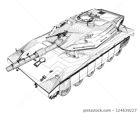 Isolated vector image for military concepts. Military tank. Military equipment. Blueprint of realistic tank. Detailed armored car. Industrial drawing. War vehicle in outline style. Vector illustration 124639227