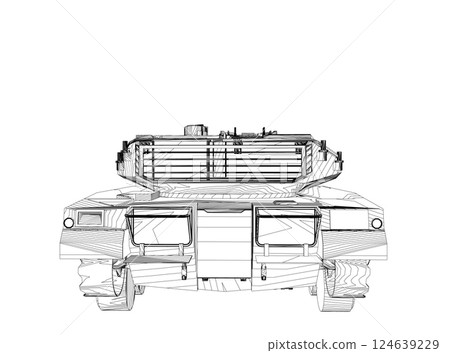 Isolated vector image for military concepts. Military tank. Military equipment. Blueprint of realistic tank. Detailed armored car. Industrial drawing. War vehicle in outline style. Vector illustration 124639229