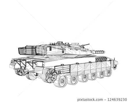 Isolated vector image for military concepts. Military tank. Military equipment. Blueprint of realistic tank. Detailed armored car. Industrial drawing. War vehicle in outline style. Vector illustration Isolated vector image for military concepts. Military tank. Military equipment. Blueprint of realistic tank. Detailed armored car. Industrial drawing. War vehicle in outline style. Vector illustration 124639230