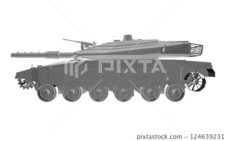 Isolated vector image for military concepts. Military tank. Military equipment. Blueprint of realistic tank. Industrial drawing. War vehicle in polygonal style. Vector illustration. 3D. Isolated vector image for military concepts. Military tank. Military equipment. Blueprint of realistic tank. Industrial drawing. War vehicle in polygonal style. Vector illustration. 3D. 124639231