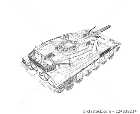 Isolated vector image for military concepts. Military tank. Military equipment. Blueprint of realistic tank. Industrial drawing. War vehicle in wireframe style. Vector illustration. 3D. Isolated vector image for military concepts. Military tank. Military equipment. Blueprint of realistic tank. Industrial drawing. War vehicle in wireframe style. Vector illustration. 3D. 124639234