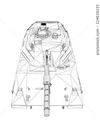 Isolated vector image for military concepts. Military tank. Military equipment. Blueprint of realistic tank. Industrial drawing. War vehicle in wireframe style. Vector illustration. 3D. Isolated vector image for military concepts. Military tank. Military equipment. Blueprint of realistic tank. Industrial drawing. War vehicle in wireframe style. Vector illustration. 3D. 124639235