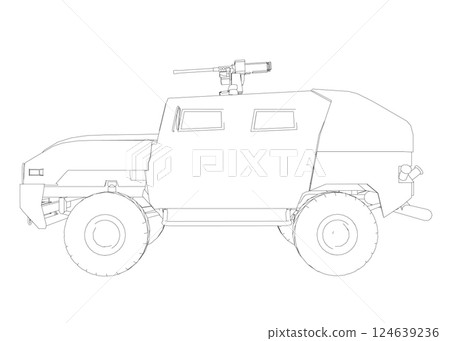 Army truck transportation for operation war vector design illustration. Truck in desert. Light armored car. Outline military SUV. Off-road vehicle. Vector image for prints, poster and illustrations. Army truck transportation for operation war vector design illustration. Truck in desert. Light armored car. Outline military SUV. Off-road vehicle. Vector image for prints, poster and illustrations. 124639236