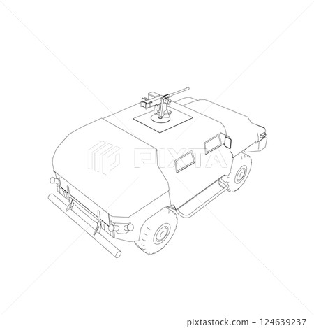 Army truck transportation for operation war vector design illustration. Truck in desert. Light armored car. Outline military SUV. Off-road vehicle. Vector image for prints, poster and illustrations. Army truck transportation for operation war vector design illustration. Truck in desert. Light armored car. Outline military SUV. Off-road vehicle. Vector image for prints, poster and illustrations. 124639237