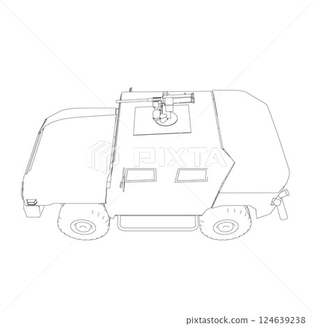 Army truck transportation for operation war vector design illustration. Truck in desert. Light armored car. Outline military SUV. Off-road vehicle. Vector image for prints, poster and illustrations. Army truck transportation for operation war vector design illustration. Truck in desert. Light armored car. Outline military SUV. Off-road vehicle. Vector image for prints, poster and illustrations. 124639238