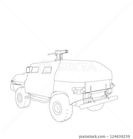 Army truck transportation for operation war vector design illustration. Truck in desert. Light armored car. Outline military SUV. Off-road vehicle. Vector image for prints, poster and illustrations. Army truck transportation for operation war vector design illustration. Truck in desert. Light armored car. Outline military SUV. Off-road vehicle. Vector image for prints, poster and illustrations. 124639239