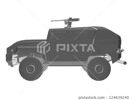 Army truck transportation for operation war vector design illustration. Truck in desert. 3D armored car. Polygonal military SUV. Off-road vehicle. Vector image for prints, poster and illustrations. 124639240