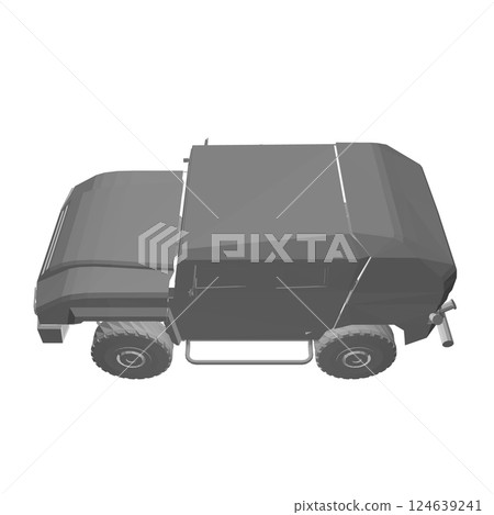 Army truck transportation for operation war vector design illustration. Truck in desert. 3D armored car. Polygonal military SUV. Off-road vehicle. Vector image for prints, poster and illustrations. 124639241