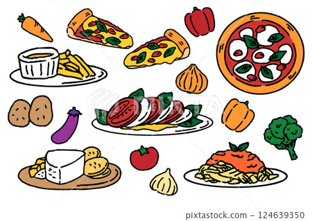 Stylish food set pizza pasta caprese vegetables 124639350