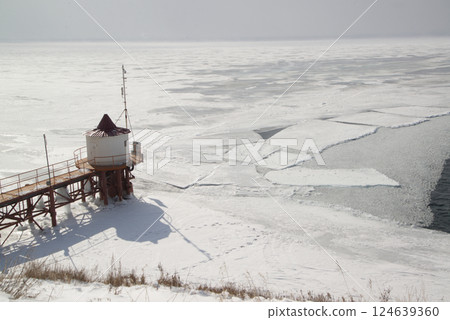 Scenic at the ice-free Angara River flows out of the frozen Lake Baikal. Melted ice floes on blue water. Located Baikal lake. Scenic at the ice-free Angara River flows out of the frozen Lake Baikal. Melted ice floes on blue water. Located Baikal lake. 124639360
