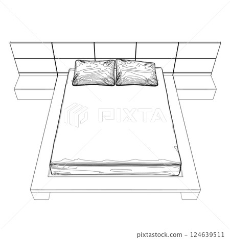 Contour line drawing of double bed. Modern comfortable luxury furnitures for bedroom. Outline of a sleeping bed with pillows from black lines isolated on a white background. Vector illustration. 124639511