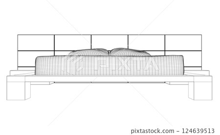 Wireframe drawing of double bed. Modern comfortable luxury furnitures for bedroom. Wireframe of a sleeping bed with pillows from black lines isolated on a white background. Vector illustration. 3D 124639513