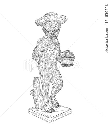Boy sculpture statue wireframe. Vector illustration. Isolated on white background. Boy is holding a cup in his hand. 3D. 124639538