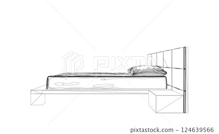 Contour line drawing of double bed. Modern comfortable luxury furnitures for bedroom. Outline of a sleeping bed with pillows from black lines isolated on a white background. Vector illustration. 124639566