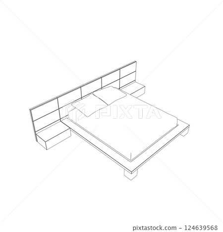 Contour line drawing of double bed. Modern comfortable luxury furnitures for bedroom. Outline of a sleeping bed with pillows from black lines isolated on a white background. Vector illustration. 124639568