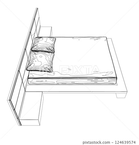Contour line drawing of double bed. Modern comfortable luxury furnitures for bedroom. Outline of a sleeping bed with pillows from black lines isolated on a white background. Vector illustration. 124639574