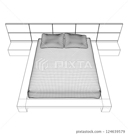 Wireframe drawing of double bed. Modern comfortable luxury furnitures for bedroom. Wireframe of a sleeping bed with pillows from black lines isolated on a white background. Vector illustration. 3D Wireframe drawing of double bed. Modern comfortable luxury furnitures for bedroom. Wireframe of a sleeping bed with pillows from black lines isolated on a white background. Vector illustration. 3D 124639579